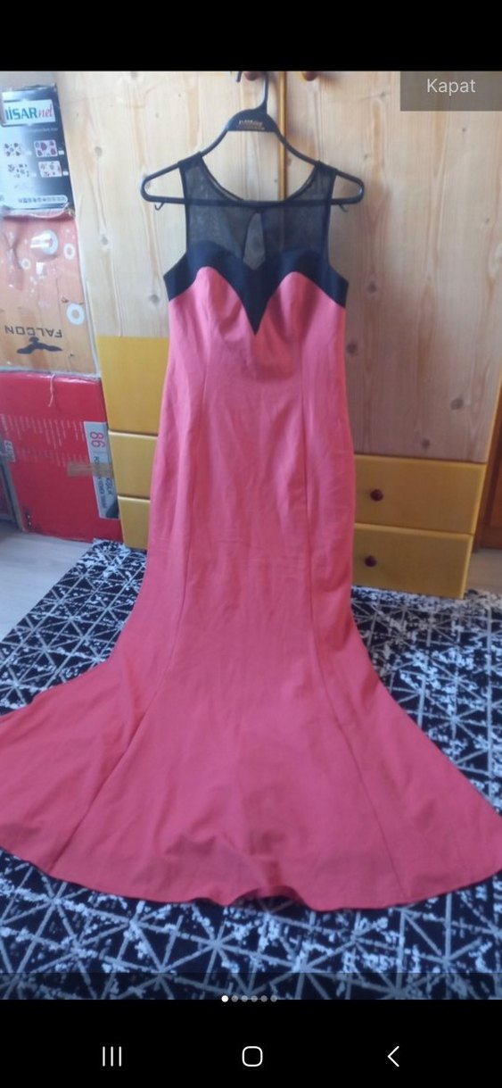 Pembe V Yaka Uzun Drapeli Abiye Elbise - Görsel 3