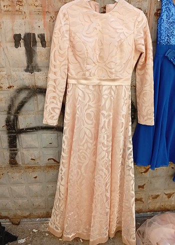 Bej Uzun Kollu Vintage Abiye Elbise