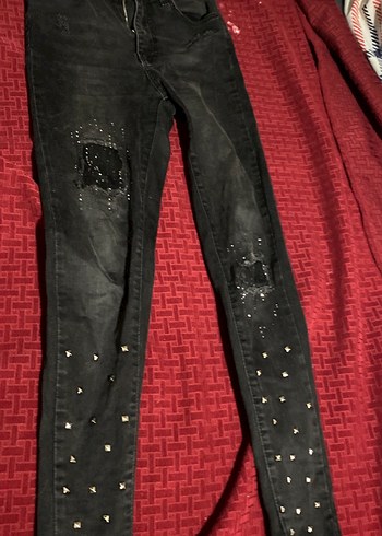 Siyah Nakışlı Rock Punk Skinny Kot Pantolon