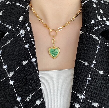 Yeşil Zirkon taşlı kalp kolye