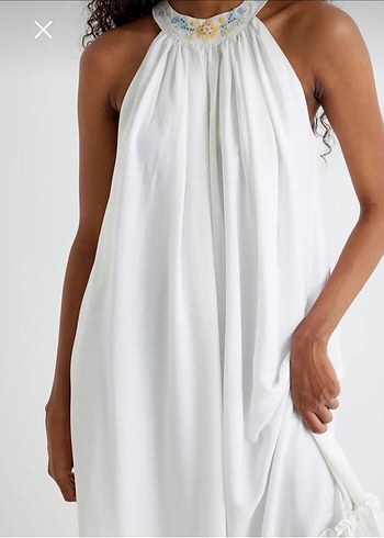 Beyaz Uzun Keten Bohem Elbise - Görsel 4