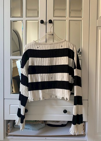 Çizgili, Uzun Kollu Örgü Kadın Kazak - Görsel 3