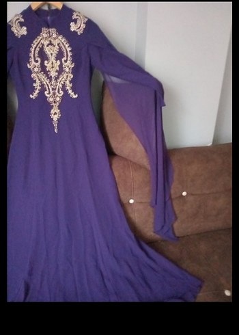 Uzun Kollu Mor İşlemeli Uzun Abiye Elbise - Görsel 4