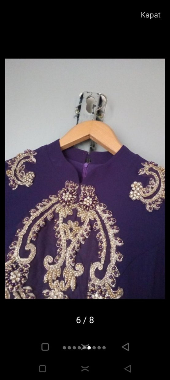 Uzun Kollu Mor İşlemeli Uzun Abiye Elbise - Görsel 5