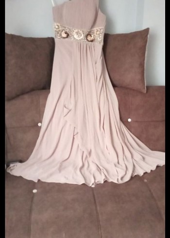 Bej Drapeli Uzun Straplez Abiye Elbise - Görsel 5