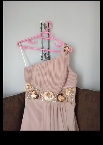 Bej Drapeli Uzun Straplez Abiye Elbise - Görsel 3