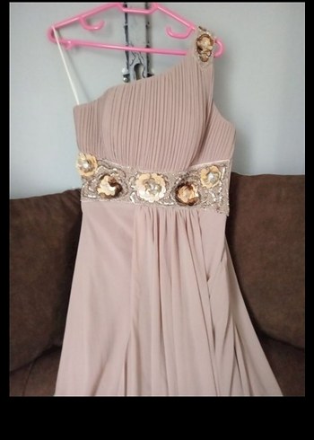 Bej Drapeli Uzun Straplez Abiye Elbise - Görsel 2