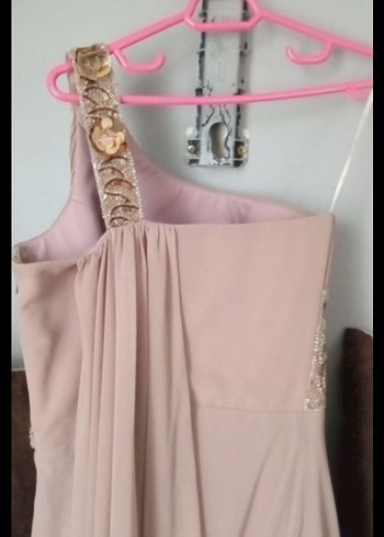 Bej Drapeli Uzun Straplez Abiye Elbise - Görsel 7