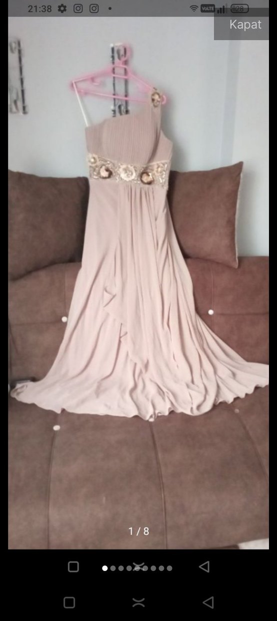 Bej Drapeli Uzun Straplez Abiye Elbise - Görsel 5