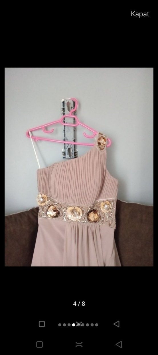 Bej Drapeli Uzun Straplez Abiye Elbise - Görsel 3