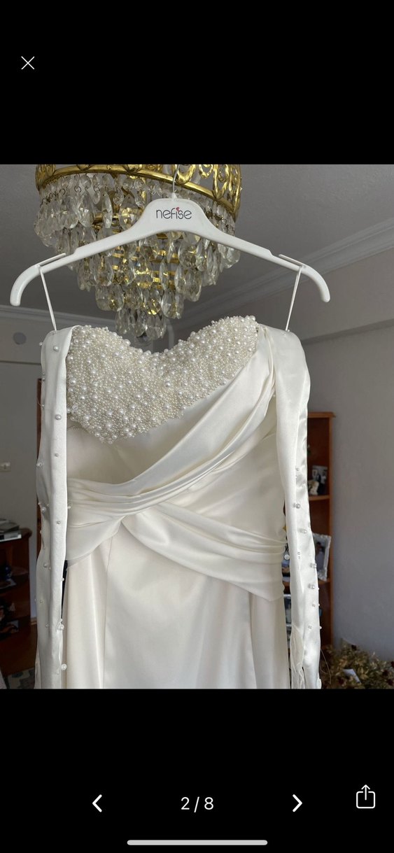 İnci Detaylı Straplez Beyaz Gelinlik - Görsel 2