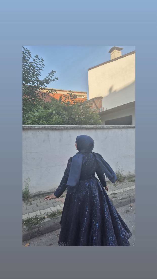 Lacivert Uzun Kollu Drapeli Uzun Abiye Elbise - Görsel 2