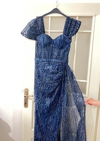 Parlak Lacivert Drapeli Uzun Abiye Elbise - Görsel 5