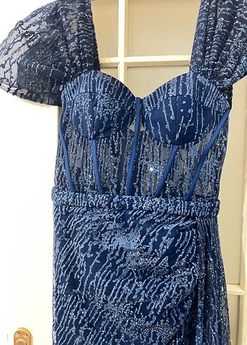 Parlak Lacivert Drapeli Uzun Abiye Elbise - Görsel 7