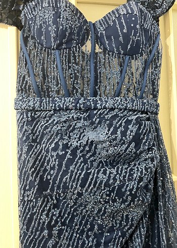 Parlak Lacivert Drapeli Uzun Abiye Elbise - Görsel 3