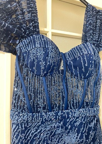 Parlak Lacivert Drapeli Uzun Abiye Elbise - Görsel 4