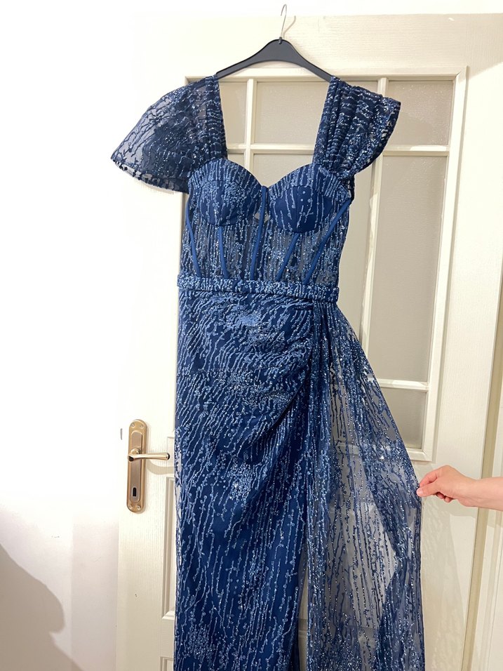 Parlak Lacivert Drapeli Uzun Abiye Elbise - Görsel 5