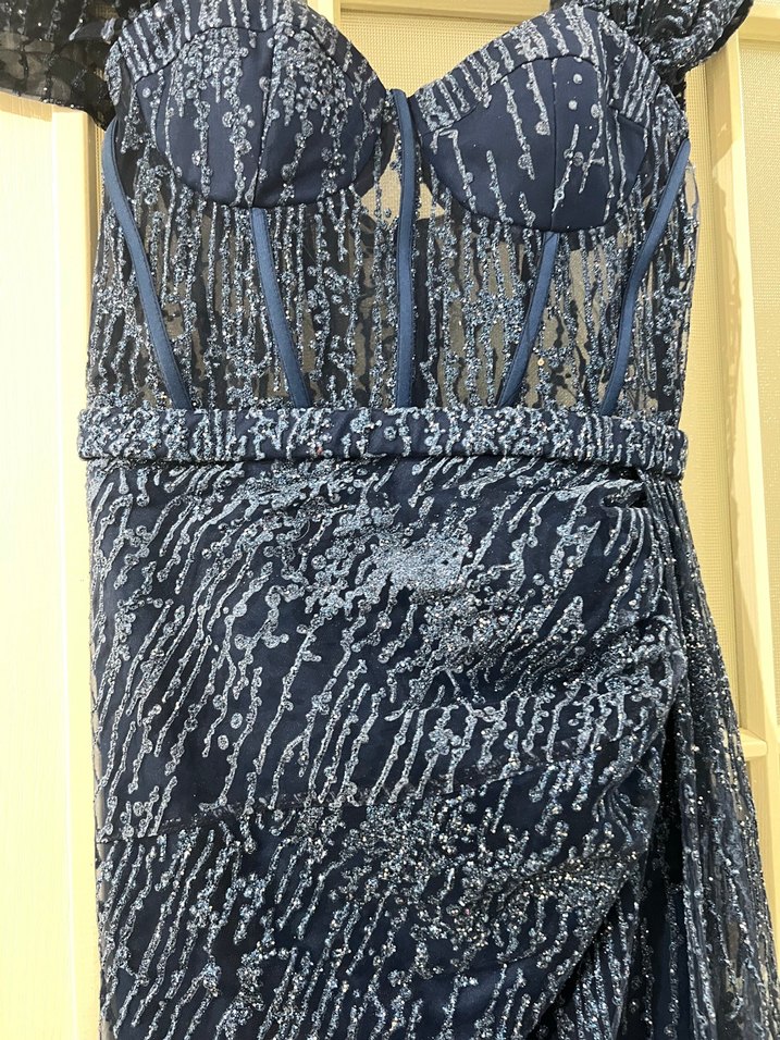 Parlak Lacivert Drapeli Uzun Abiye Elbise - Görsel 3