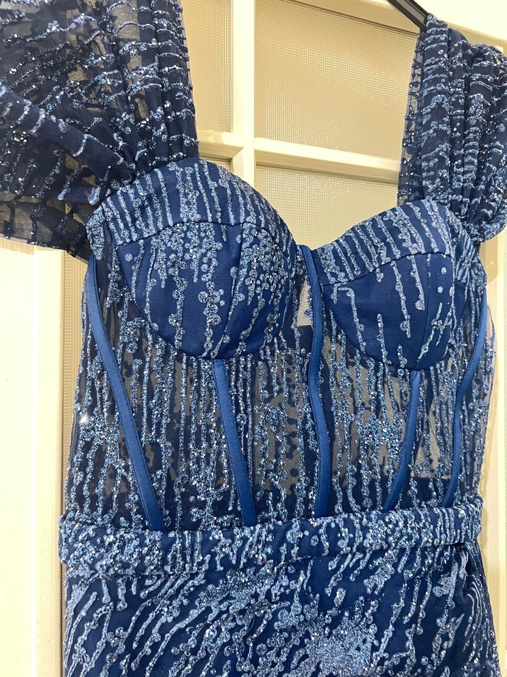 Parlak Lacivert Drapeli Uzun Abiye Elbise - Görsel 4