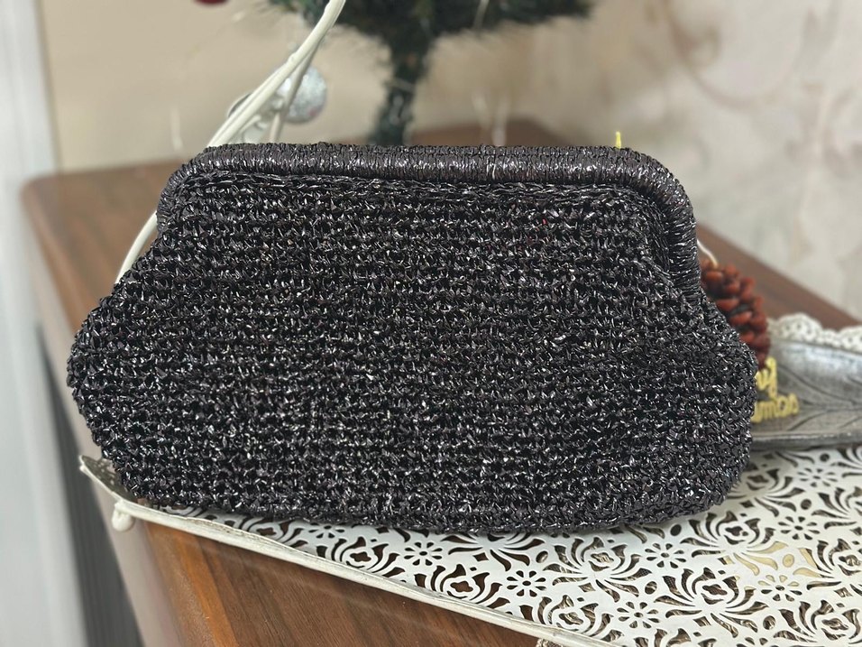 Siyah Boncuk İşlemeli Örgü Kadın Portföy Çanta - Görsel 2