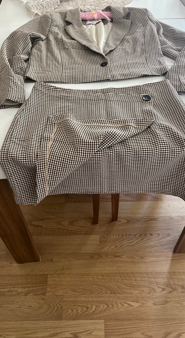 Kahverengi Ekose Midi Ceket ve Etek Takım - Görsel 3