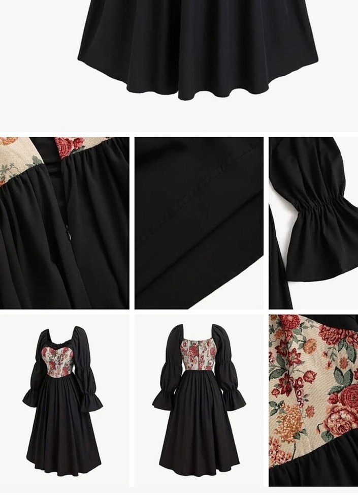 Büyük Beden Çiçek Desenli Siyah Uzun Gotik Elbise - Görsel 2