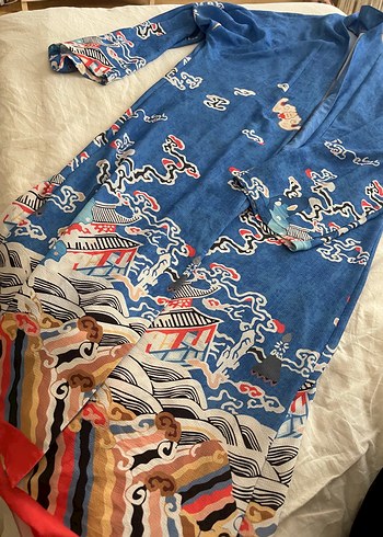 Bohem Uzun Desenli Mavi Kadın Kimono