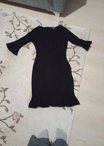 Siyah Uzun Kollu Fırfırlı Kadın Elbise - Görsel 3