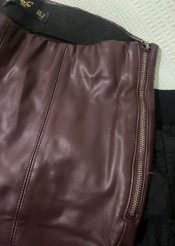 Deri bordo Fermuarlı Kadın Pantolon - Görsel 3