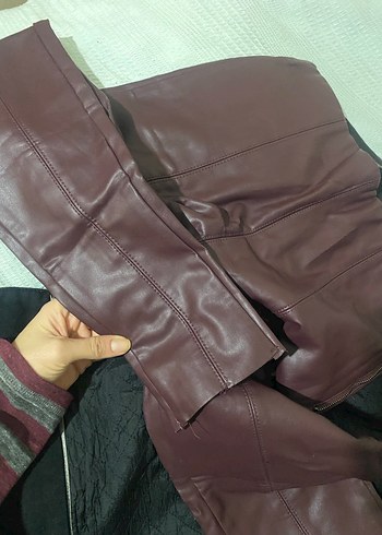 Deri bordo Fermuarlı Kadın Pantolon - Görsel 4