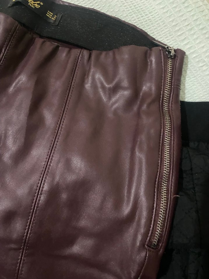 Deri bordo Fermuarlı Kadın Pantolon - Görsel 3