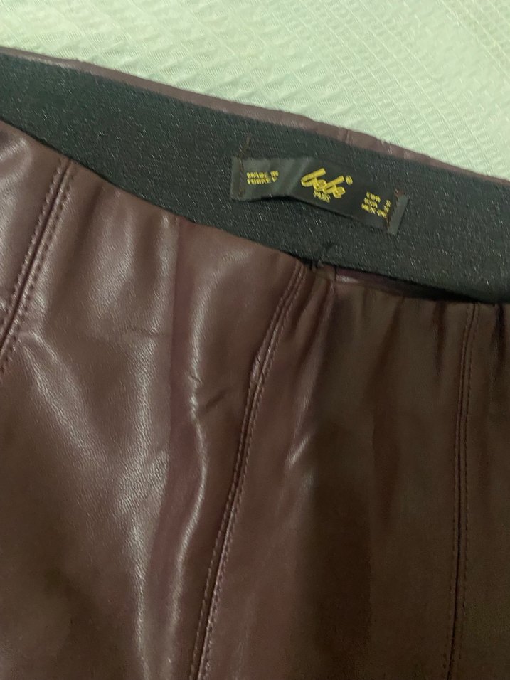 Deri bordo Fermuarlı Kadın Pantolon - Görsel 2