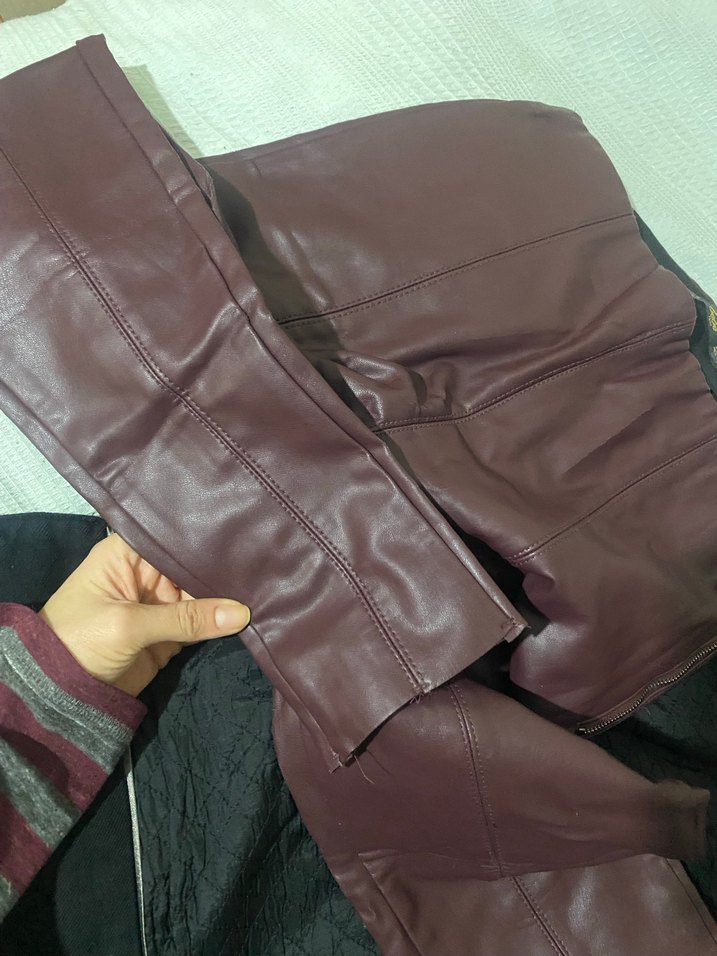 Deri bordo Fermuarlı Kadın Pantolon - Görsel 4