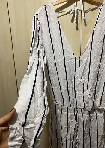 Çizgili V Yaka Uzun Kollu Kadın Tulum - Görsel 3