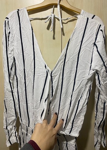 Çizgili V Yaka Uzun Kollu Kadın Tulum - Görsel 2