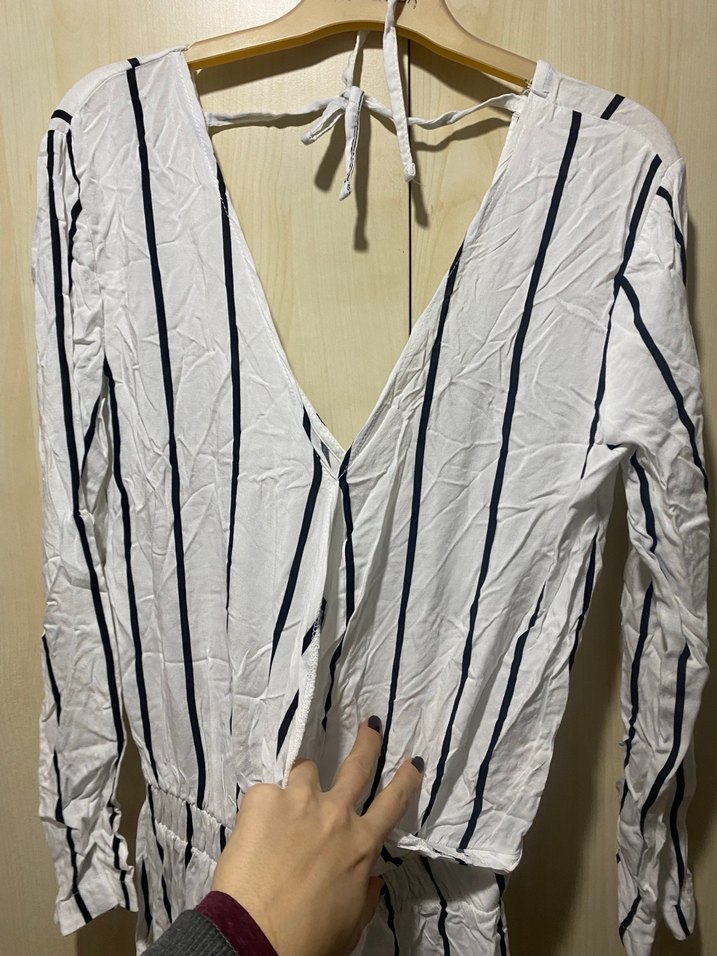 Çizgili V Yaka Uzun Kollu Kadın Tulum - Görsel 2