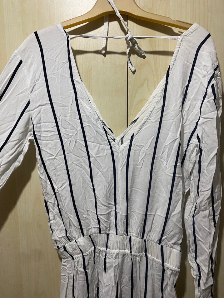 Çizgili V Yaka Uzun Kollu Kadın Tulum - Görsel 4