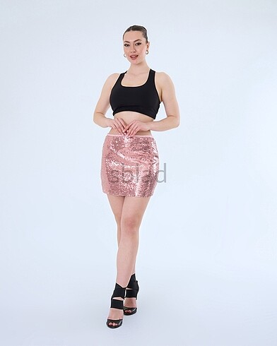 Pembe Pullu Simli Etek