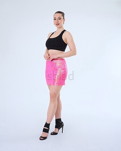 Diğer Pembe Pullu Simli Mini Etek