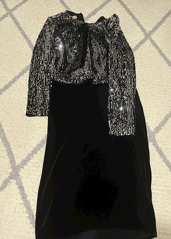 Uzun Kollu Siyah Drapeli Kadın Abiye Elbise - Görsel 3