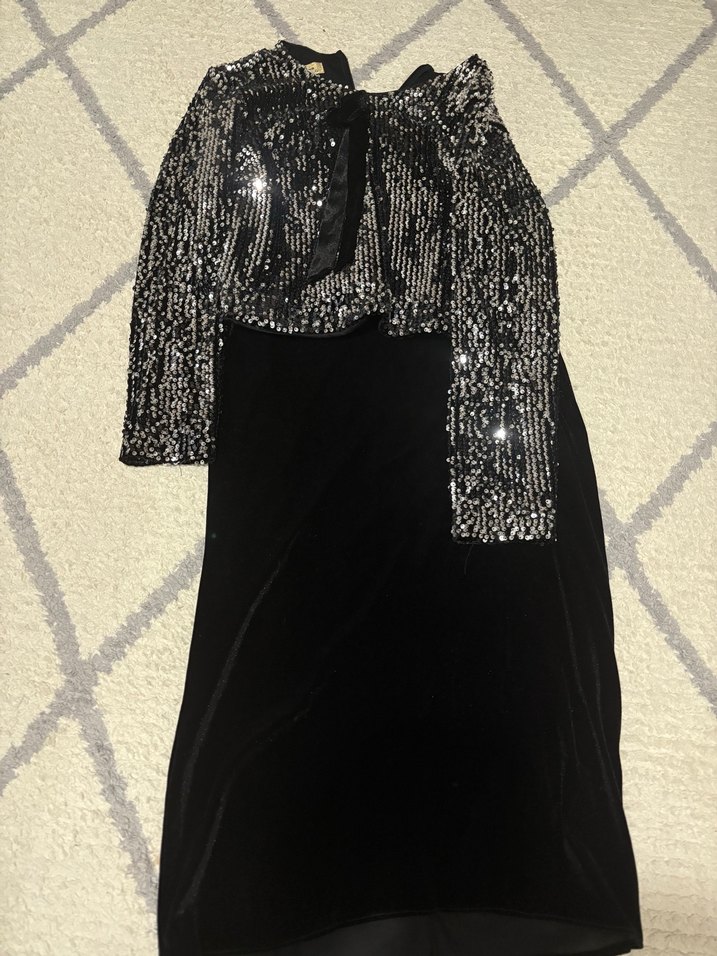 Uzun Kollu Siyah Drapeli Kadın Abiye Elbise - Görsel 3