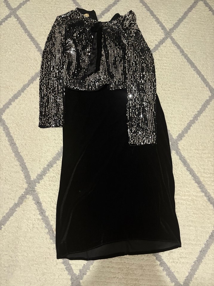 Uzun Kollu Siyah Drapeli Kadın Abiye Elbise - Görsel 2