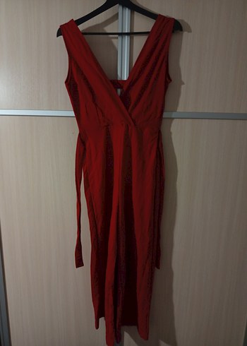 Kırmızı V Yakalı Uzun Kadın Tulum - Görsel 2