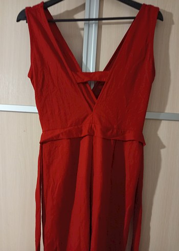 Kırmızı V Yakalı Uzun Kadın Tulum - Görsel 3