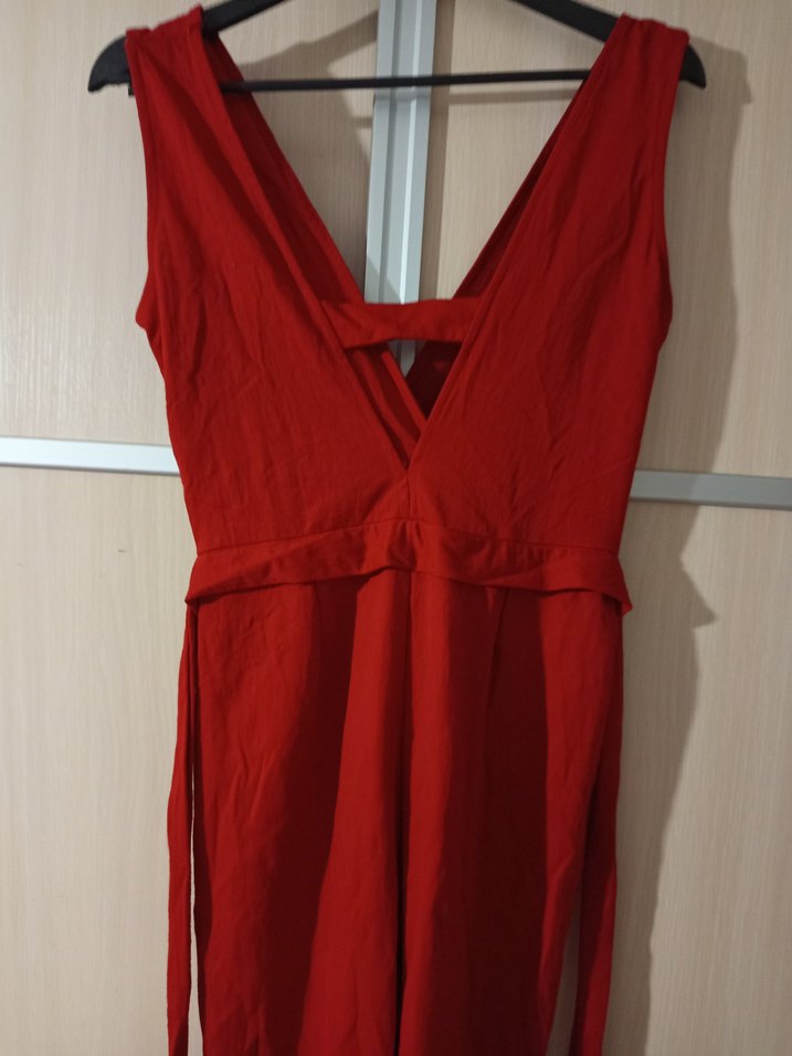 Kırmızı V Yakalı Uzun Kadın Tulum - Görsel 3