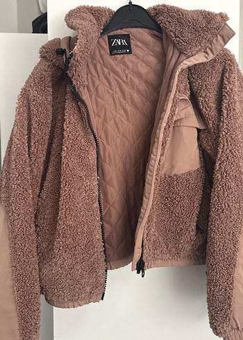 Zara Pudra Pembe Pelus Kapusonlu Ceket