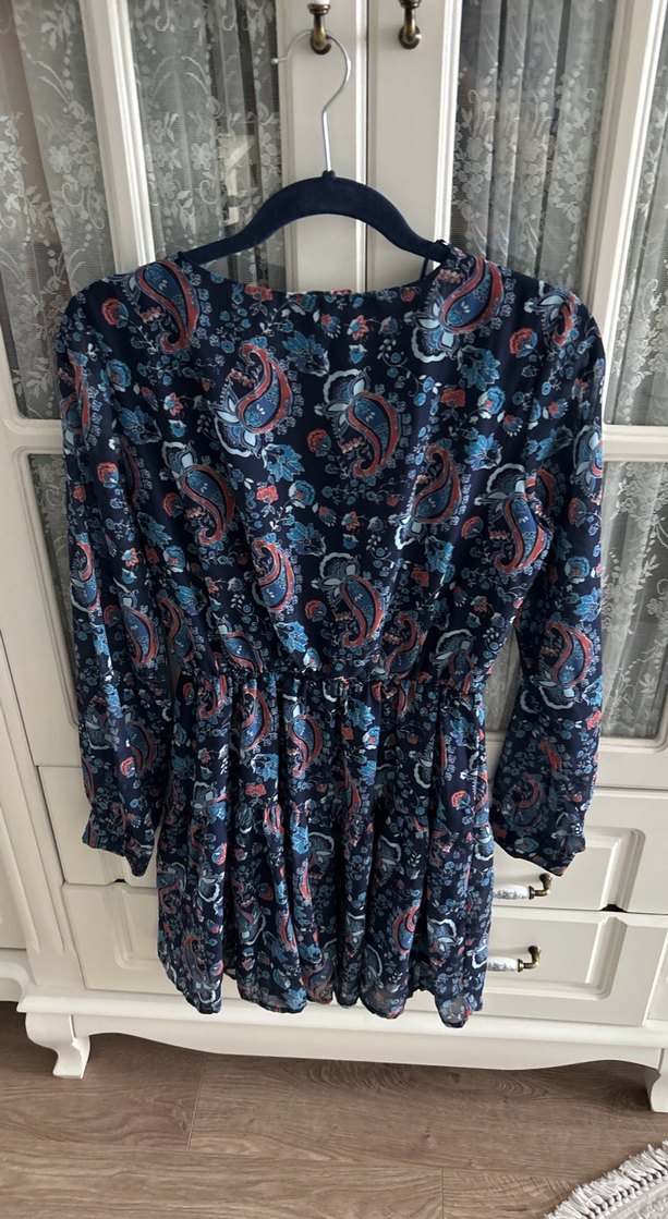 Uzun Kollu V Yaka Mavi Bohem Elbise - Görsel 2