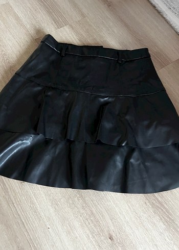 Düğmeli Siyah Deri Mini Etek - Görsel 2