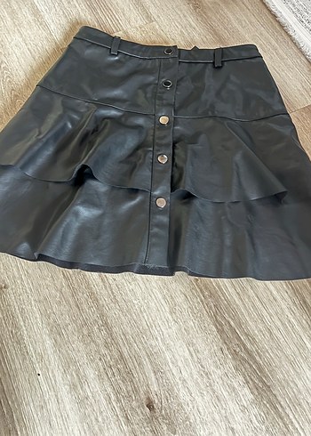 Düğmeli Siyah Deri Mini Etek - Görsel 4