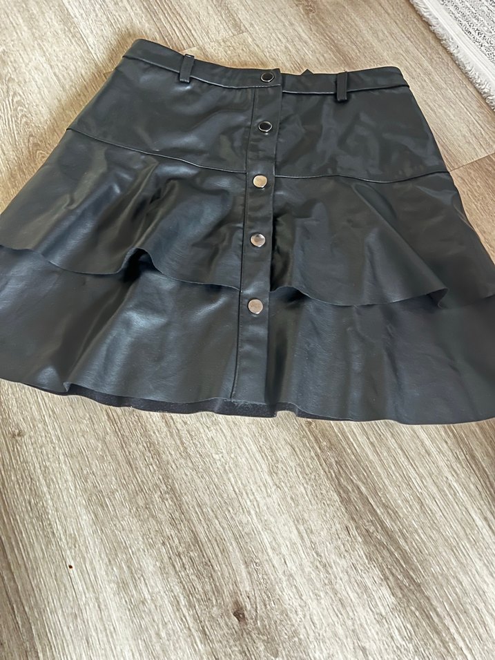 Düğmeli Siyah Deri Mini Etek - Görsel 4